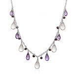 925 Sterling Silver Multi Tear Drop Amethyst and Pink Rose Quartz Gemstone Necklace, 17 inches