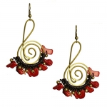 Brass and Red Stone Treble Clef Swirl Dangle Earrings, Handmade Fair Trade