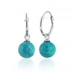 925 Sterling Silver Single Sphere Turquoise Gemstone Dangle Hoop Earrings