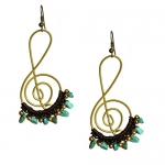 Brass and Turquoise Stone Treble Clef Swirl Dangle Earrings, Handmade Fair Trade