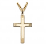 24k Gold Over Sterling Silver 1 1/8 Polished Cross Necklace with Engraved Lines