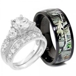 3pc Sterling Silver Heart Stone Ring and Titanium Camo Band #RWC06SP08-2 (Size Men 12; Women 7)