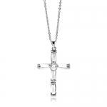 Rhodium Plated Brass Cubic Zirconia Fashion Cross Pendant Charm Necklace