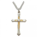 7/8 Sterling Silver 2-Tone Cross Necklace w/ Crystal Cubic Zirconia Stone on 18 Chain