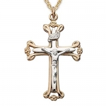 Sterling Silver 14k Gold Plated Two Tone Crucifix on 18 Chain. Gift Boxed