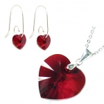 Sterling Silver Red Swarovski Elements Crystal Heart Earrings Pendant Necklace Set, 16 + 2 Extender