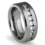 8MM Men's Titanium Ring Wedding Band with Flat Brushed Top and Channel Set CZ [Size 10.5]