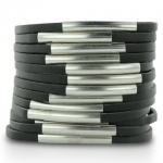 Black Shredded Leather And Silver Tone Accented Cuff Bracelet