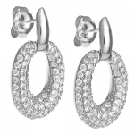 Rhodium-Plated Sterling Silver Oval Ring Clear Cubic Zirconia Stud Post Drop Earrings