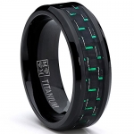 Black Titanium Wedding Band Ring with Black and Green Carbon Fiber inlay, Comfort fit 8mm, Size 7
