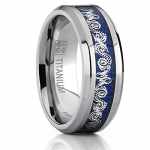 8MM Men's Titanium Wedding Band Ring With Dragon Design Over Blue Carbon Fiber Inlay Size 7