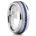 Men's Titanium Wedding Band Engagement Ring W/ Blue Simulated Sapphire Cubic Zirconia Princess CZ 7.5
