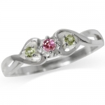 3-Stone Natural Pink Tourmaline & Peridot 925 Sterling Silver Twin Heart Ring Size 7