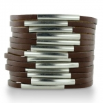 Brown Shredded Leather And Silver Tone Accented Cuff Bracelet