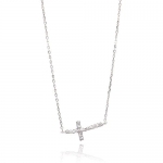 Rhodium Plated Sterling Silver Bended Cubic Zirconia Sideways Cross Charm Necklace