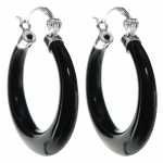 Queenberry Sterling Silver Natural Black Onyx Ring Drop Hoop Huggie Earrings (25mm)