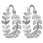 Rhodium-Plated Sterling Silver Cubic Zirconia Leaf Crown Ring Hoop Huggie Earring