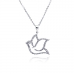 Rhodium Plated Sterling Silver Cubic Zirconia CZ Dove Bird Charm Pendant Necklace w/ Link Chain