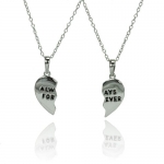 Rhodium Plated High Polish Silver Always Forever Inscription Heart Charm 2 Piece Necklace Set