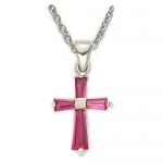Sterling Silver Girl's July Birthstone Cross on 16 Inch Silver Plated Rhodium Finish Chain