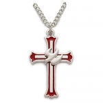 7/8 Sterling Silver Holy Spirit Cross Necklace with Descending Dove and Red Enamel on 18 Chain