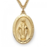 14k Gold Over Sterling Silver 1 1/8 Engraved Oval Miraculous Medal on 24 Chain