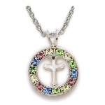 5/8 Sterling Silver Round Cross Necklace with Mult-Color Cubic Zirconia Stones on 18 Chain