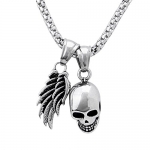Men's Quality Stainless Steel Chain Silver Dual Skull and Angel Wing Pendants by R&B Jewelry