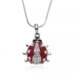 PammyJ Red Ladybug with Clear Crystals Silvertone Pendant Necklace, 17.5