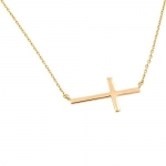 High Polished 14K Solid Yellow Gold Sideways Cross Necklace with Rolo Link Chain - 16 inches