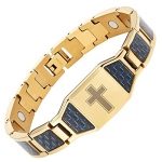 Willis Judd Mens Two Tone Titanium Magnetic Bracelet with Christian Cross and Blue Carbon Fiber with Link Removal Tool and Gift Box