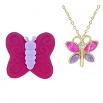 BUTTERFLY Necklace Charm Pendant w/ Crystal Wings in Butterfly Velour Gift Box - HOT PINK
