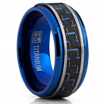 Men's Brushed Blue Titanium Wedding Bands Ring With Black and Blue Carbon Fiber Inlay, 9mm Comfort Fit 9