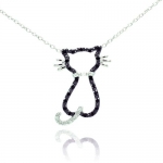 Rhodium Plated Sterling Silver Black & White CZ Kitty Cat Animal Pendant Necklace