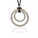 White Base Metal and Dark Brown Leather Open Circles Pendant Necklace, 17 inches