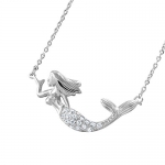 Rhodium Plated Sterling Silver Pave Set CZ Swimming Mermaid Pendant Necklace