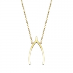 14K Solid Yellow Gold High Polished Wishbone Charm Necklace with Rolo Link Chain - 16 inches