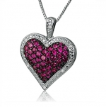 1ct Created Ruby and Diamond Puffed Heart Pendant- Necklace in Sterling Silver on an 18 inch Box Chain