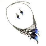 Silvertone Dark Blue Leaf Statement Necklace and Earrings Set