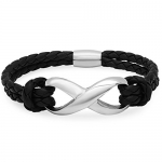 Braided Black Leather and Stainless Steel Infinity Bracelet with Magnetic Clasp ( 8 1/4 inches)
