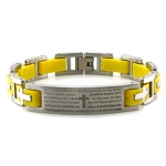 Stainless Steel Lord's Prayer Biker Yellow Rubber Inlay Link Bracelet, 8.5 Inches