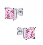 .925 Sterling Silver Princess Cut Pink Cubic Zirconia Stud Earrings