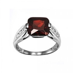 High Polished Rhodium Plated Sterling Silver Pave Set Clear CZ Della Ring with a Princess-Cut Garnet CZ in the Center, Ring Face Height of 9.3MM