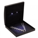 Black Leather Large Jewelry Chain Necklace Box w/ LED Lighted Soft Black Velvet Interior