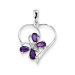 Sterling Silver Rhodium Amethyst and Diamond Butterfly Heart Pendant