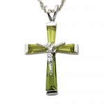 Sterling Silver August Birthstone Crucifix Necklace on 18 Inch Silver Plated Rhodium Finish Chain
