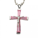 Sterling Silver October Birthstone Crucifix Necklace on 18 Silver Plated Rhodium Finish Chain.