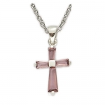 Sterling Silver Girl's February Birthstone Cross on 16 Inch Silver Plated Rhodium Finish Chain