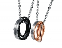 MoAndy Stainless Steel Couple Matching Necklace Pendant Interlocking Double Rings Engraved Promise Chain