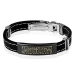 Lords Prayer Black Plated Stainless Steel ID Plate Stitch Accent Rubber Bracelet